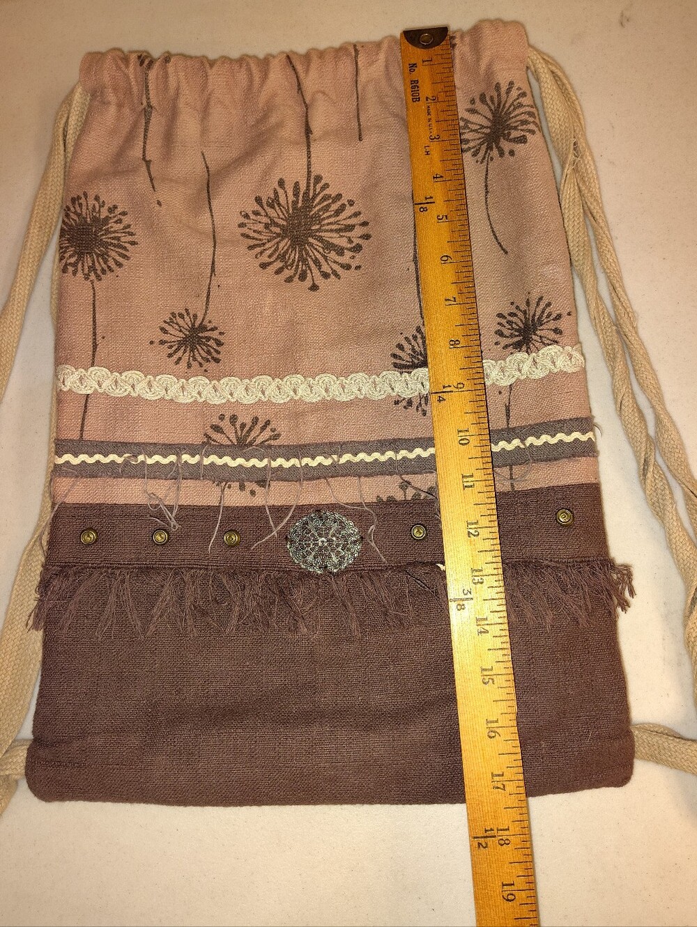 VO-HO Boho Dandelion Drawstring Backpack – Mauve & Chocolate Cotton Linen Cinch - Picture 14 of 14